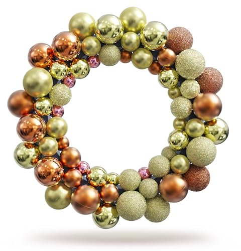 VALENTHERA Weihnachtskranz mit Christbaumkugeln - Adventskranz orange-Gold elegant mit Weihnachtskugeln - Ø 36 cm - Türkranz Weihnachtsdeko