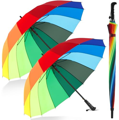 Hestya 2 Stück Automatik Regenschirme Ø115 cm 16 Rippen LGBT-Regenbogenschirme Stockschirme Groß, Winddicht, Langer Griff, Gerader, Bunter Schirm für Reisen, Golf, Regen, Erwachsene, Damen