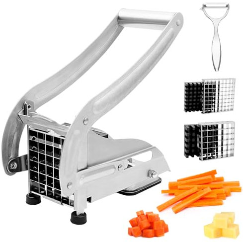 HALNYHYFD Cortador de patatas fritas de acero inoxidable con diseño antideslizante, incluye 2 cuchillas de acero inoxidable y 1 pelador para cortar patatas y verduras sin esfuerzo