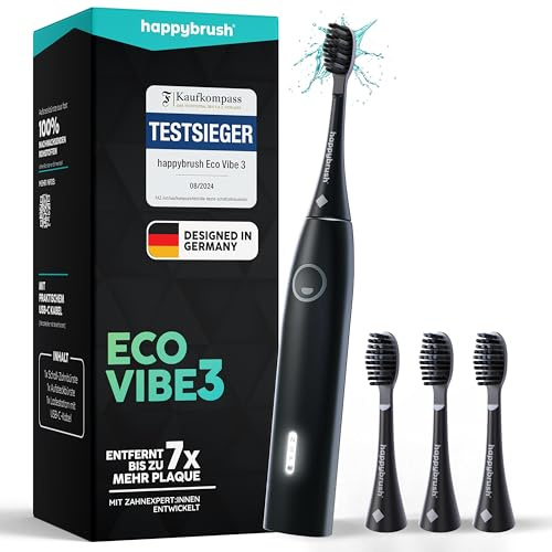 happybrush® Schallzahnbürste Eco Vibe 3 – TESTSIEGER – 100 Tage testen - Elektrische Zahnbürste mit 8 Wochen Power Akku – Ultraschall Zahnbürsten – 2 Jahre Garantie - Set mit Aufsteckbürsten - Black