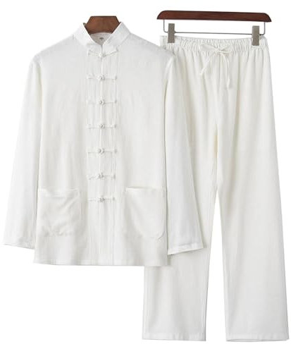 DAYKET Tai Chi Uniform für Herren, traditioneller chinesischer Kampfsportanzug aus Baumwolle und Leinen, Kung Fu Tangzhuang, Langarmoberteil + Hosenset,White-4XL