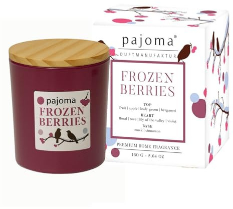 pajoma® Duftkerze im Glas Frozen Berries,140 g mit Bambusdeckel 27 Std. Brenndauer, intensiver Duft Kerze in Geschenkverpackung | Fruchtiger Mix aus Beeren, Apfel & Zimt - Luxus-Deko für Zuhause