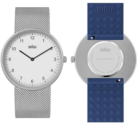 Braun 2-Zeiger-Quarz-Analoguhr, weißes Zifferblatt und Edelstahl-Mesh-Armband mit zusätzlichem blau Silikon-Kautschukarmband, Schnellverschluss-Federstege, 38 mm, Modell BN0281WHMHGYG