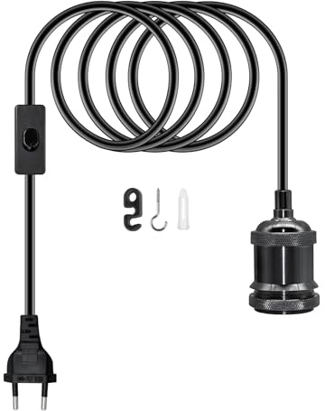 500CM Cable de Lampara Techo Colgante con Enchufe y Interruptor, Lámpara de Suspensión con Metal Retro Negro Portalámparas E27, Cable de luz Colgante, DIY Colgante Luz Cordón Kit