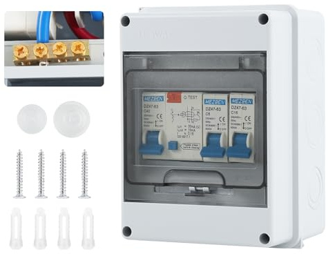 2 Way Consumer Unit Circuit Breaker, Garage Unit with Assembly Tool, 40A 30mA RCD 2MCB 6A+16A, IP65 Anti-Leakage Fuse Box for Garages Caravans Workshops