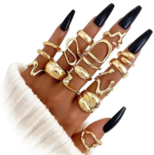 BelleVive set med 15 tjocka guldringar för kvinnor, 14k guldpläterad, tjock kupol, stapelbara öppna ringar, minimalistiska och moderna presentsmycken, guld