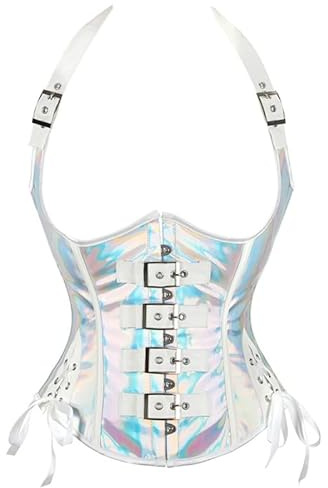 Vocole PVC Corset Top, Women's Shiny Silver PU Underbust Bustier, Faux Leather Waist Trainer Lace Up (Silver,S)