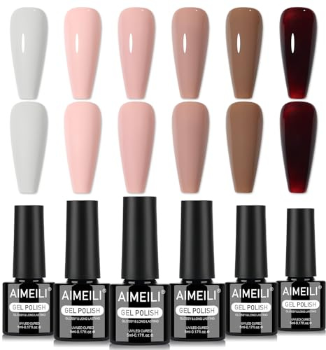 AIMEILI brun gel nagellack set 6 st, grymhetsfri, vegan, blötlägg av UV LED gelnagellack nagelkonst manikyrsalong gör-det-själv för kvinnor – kit 97