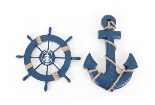 Gutol Set de 2 figuras decorativas náuticas de madera: timón de barco de 28 cm y ancla de 33 cm con cuerda para decoración de pared y puerta.