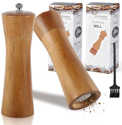 Gykutix 2 Piezas Molinillo de Pimienta, 6,5 Pulgadas Molinillo de Sal de Madera con Cepillo de Limpieza, Amoladora de Cerámica Ajustable, Perfecto para Hogar y Restaurante
