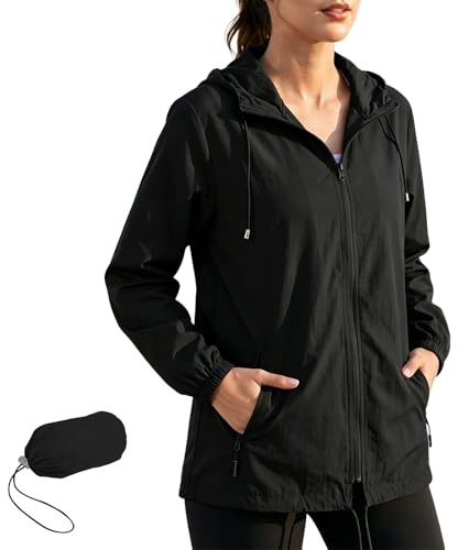 Fjquamitix Women's Jackets Lightweight Waterproof Jacket With Hooded Packable Waterproof Raincoat Women Rain Coat Ladies Summer Jackets For Hiking Travel