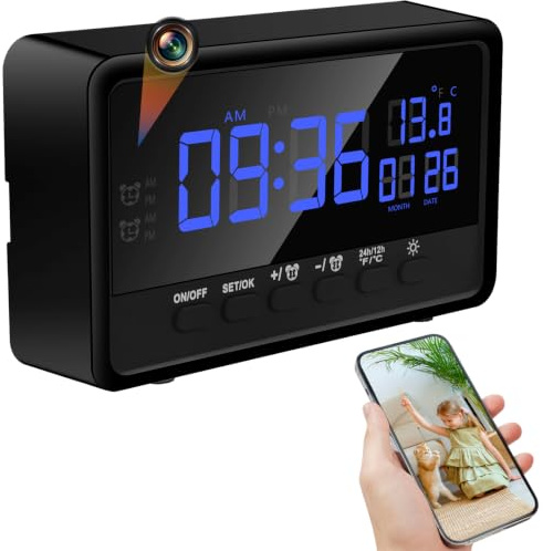 SecuraLen Mini Camera Espion sans Fil, 1080P WiFi, Vision Nocturne, Discret | Double bande 2.4/5 GHz, grand angle 120°, détection mouvement, réveil 2 en 1, luminosité 5 niveaux, microSD 128 Go, invisible