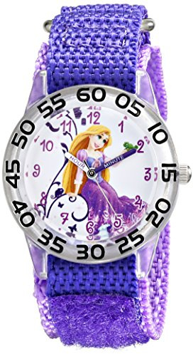 Disney Princess Kids' Plastic Time Teacher Analog Quartz Nylon Strap Watch, Rapunzel/Clear/Dk Purple