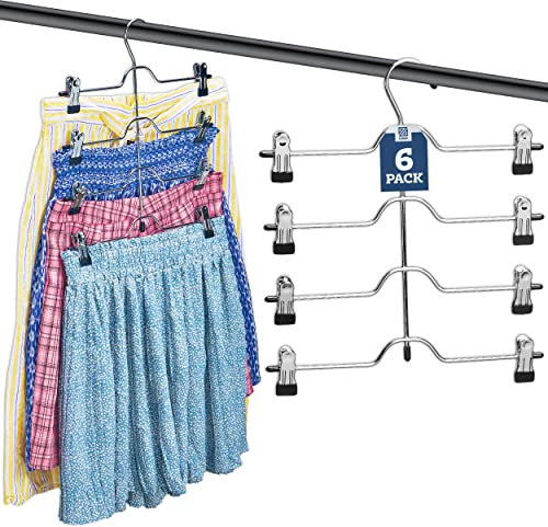 Premium 4-Tier Trouser Hangers with Clips (6 Pack) Strong & Durable Chrome Metal Skirt Hangers - Space Saving, Multi Layer Hanger for Trousers with Non Slip Adjustable Clip - Hang Slack/Pant & Jean