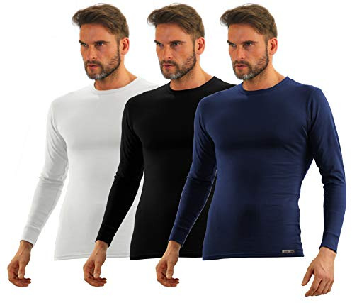 Sesto Senso® herr långärmad undertröja 3-pack bomull t-shirt funktionsundertröja med rund hals funktionströja Thermo underkläder vinter
