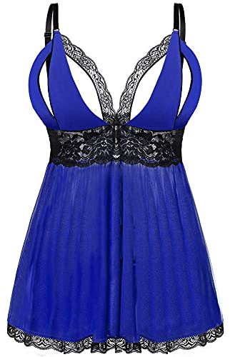 EVELIFE Lingerie Donna Sexy Pizzo Floreale Taglie Forti Babydoll e G-String Set Scollo a V Camicia da Notte Trasparente Completo Intimo Biancheria da Notte (Blu+Nero M)