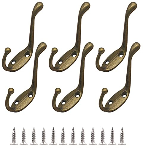 Hoshen Lot de 6 crochets muraux rétro style européen pour salon, chambre, vestiaire, intérieur et extérieur, décoration de la maison, avec 12 vis - Bronze