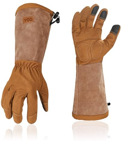 Vgo... Garening Gloves Men Long Sleeves in Leather with Touchscreen, Long Work Gloves Gauntlet Thorn Proof Heavy Duty for Yard Garden Agriculture(9/L,SL6592-M,1Pair)