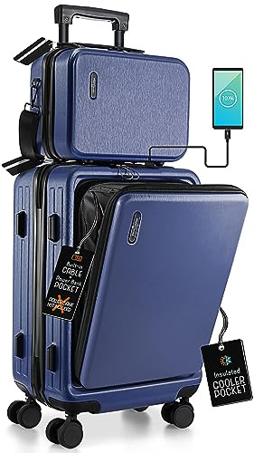 TRAVELARIM Carry On Luggage 22x14x9 Airline Approved, Navy Durable Hard Shell Carry-on Luggage with Spinner Wheels, Lightweight Carry On Suitcase Set with Small Cosmetic Case – 22 Inch Small Suitcase