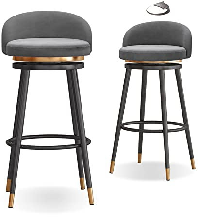 Knjlwa 2er Set Barstuhl, 360° drehbar Barhocker, Tresenhocker Bistrohocker Hocker mit Lehne und Fußstütze aus Samt Küchenstuhl mit Schwarz Metallgestell sitzhöhe 65 cm Grey Sitz