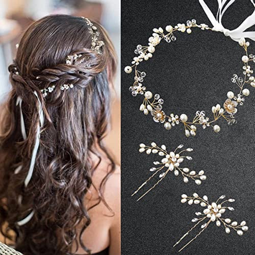Braut Blumen Haarschmuck Damen Tiara, 3 Stück - Hochzeits Haarnadel Set, Perlen Haarschmuck, Stirnbänder für Braut & Brautjungfern, Abschlussball