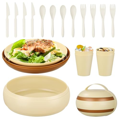 Chuboir 21 Piece Camping Plates and Bowls Set for 4 People, Picnic Tableware with Plates, Bowls, Cups and Cutlery Set, Portable Plate Set for Picnic Hiking Travel or Backpacking