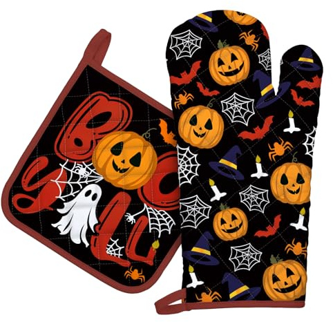 Arquiel Ugnshandskar Grythållare Set med 2, 100 % bomull förtjockad mikrovågsugn ugnshandskar, värmebeständiga mjuka grytlappar för stekning, bakning (Halloween)