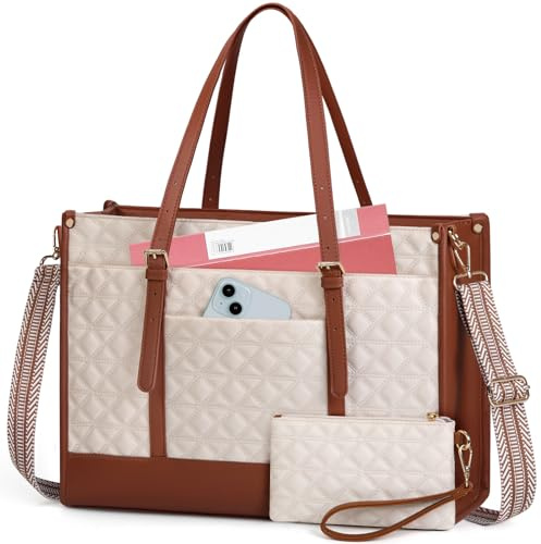 IGOLUMON Bolsa para laptop de 15.6 pulgadas de piel vegana acolchada para mujer, maletín de diseñador para oficina, profesor, universidad, bonita bolsa de computadora con monedero, color beige y