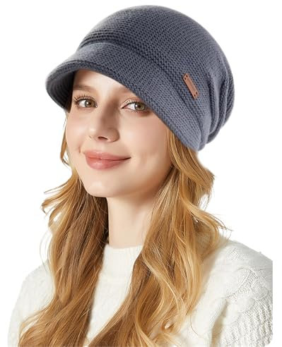 TYXHXTF Damen Winter Mütze, Strickmütze mit Krempe Visier, Warm Slouchy Wintermütze mit Weichem Innenfutter Gefütterte, für Kaltes Wetter