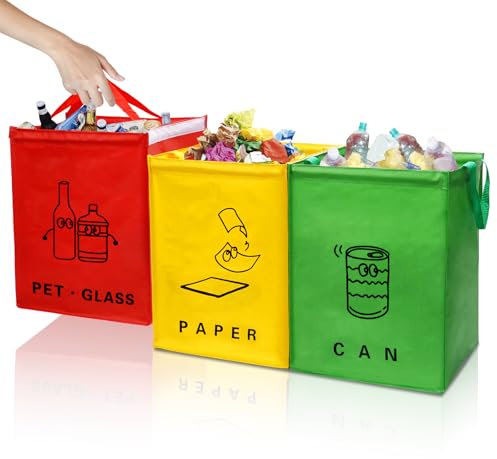 Suprbee Mülltrennsystem 3fach, Taschen Mülleimer 3 Fächer für zum trennen von Papier, Plastik und Glas, 36L Recycling Behälter Pfandflaschen Sammelbehälter, Papiermüll Altpapier Plastikmüll Sammler
