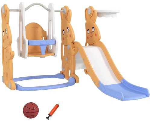 AIYAPLAY Scivolo per Bambini 4 in 1 Altalena e Scivolo Trepador Cerchio da Basket a tema Coniglio Parco giochi per interni ed esterni Arancione