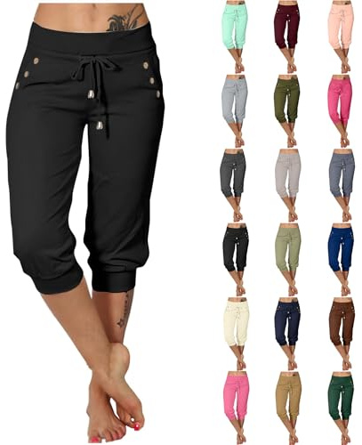 EMATOP Jogginghose Damen 3/4 Lang Baumwolle Sporthose Casual Capri Hose Leicht Einfarbig Laufhose Sport Sommer Sweathose Elegant Bequem Sommerhose mit Taschen Freizeithose Trainingshose Outdoor