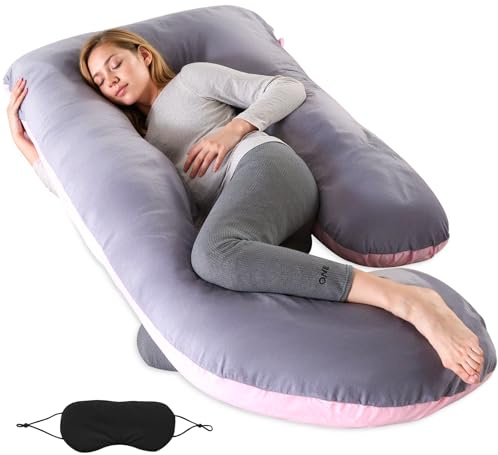 BBWELL Schwangerschaftskissen,J Form Seitenschläferkissen mit Bezug und Augenmaske,Abnehmbar und Waschbar,J Kissen Stillkissen Groß Lagerungskissen,Ganzkörperkissen,80x120x180cm,Graurosa