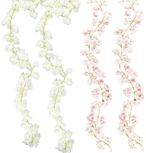 4 Stück Kirschblüten Deko Blumen Girlande, Seidenblume Material, Hängend Blumengirlande Künstlich, Geeignet für Hochzeit, Verlobung, Partydekoration (Rosa und Weiß)