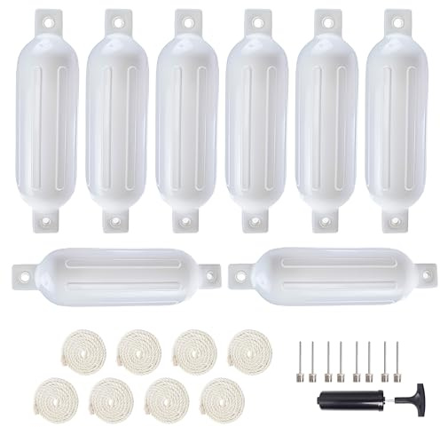 VANCUS Boat Fenders Bumpers for Docking, Inflatable Ribbed Fender with Center Holes, Marine Pontoon Boat Dock Fender Bumper with Air Pump, 8-Pack - 4.5 x 16