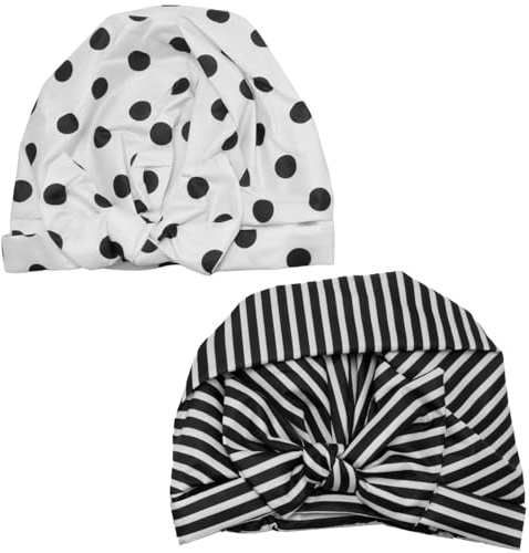 JUUDDENPARTS 2Pcs Stripe and Palm Leaves Shower Caps for Women, Adjustable Elastic Hem Shower Bath Caps, Waterproof and Reusable for Short Curly and Long Hair (Black dots and stripes)