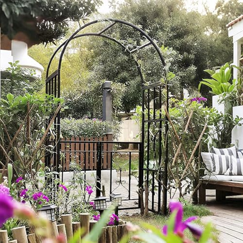 Kraftig trädgårdsspaljé i metall med grind, 210 cm svart rosbåge för klättervinrankor, robust uteplats berså med markinsatser