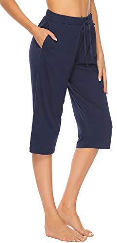 Vlazom Pantaloni del Pigiama Donna Cotone Estate Pantaloni da Pigiama Pantaloni da Notte con Tasche per Loungewear，A Blu Navy，XXL