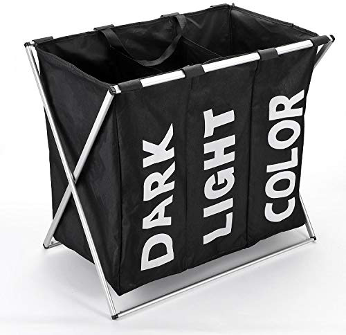 Vinsani Collapsible Laundry Bag Basket with 3 Compartments & Stand, Foldable Washing Storage Bin Hamper with Carry Handle, Black