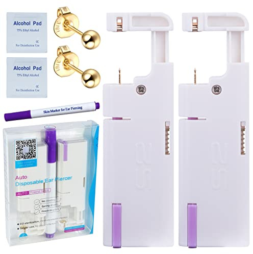 Firstomato 2 st engångs öronpiercingkit öronpiercingpistol självanvändning öronpiercingar kit broskpiercingpistol med allergivänliga örhängen (3 mm boll, 24 kt guld)