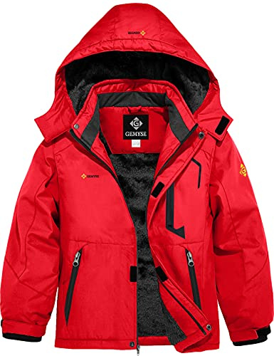 GEMYSE Boy's Waterproof Ski Snow Jacket Hooded Fleece Windproof Winter Jacket (Oriental Red,6/7)