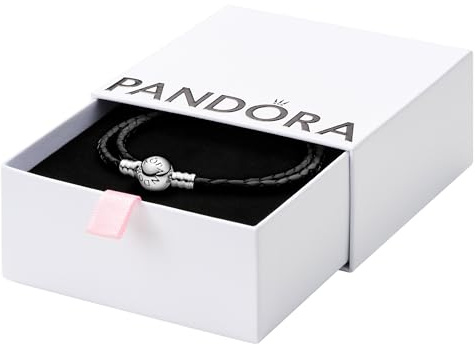 Pandora Moments Double Woven Leather Bracelet with Silver Clasp - Compatible Moments Charms - Gift for Her - Sterling Silver - With Gift Box, 15.0 (Pack of 1), Sterling Silver Leather, no gemstone