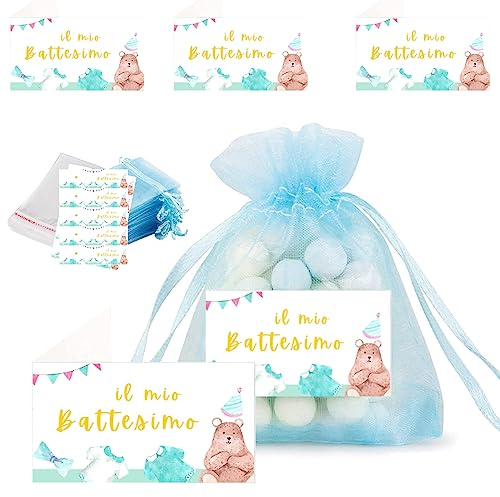 Dolplp! 50pz Sacchetti Battesimo Bomboniere Confetti+50pz Bigliettini Battesimo Personalizzata+100pz Sacchetti Plastica Portaconfetti Addobbi Decorazione Regalo Battesimo Bimbo Bambino