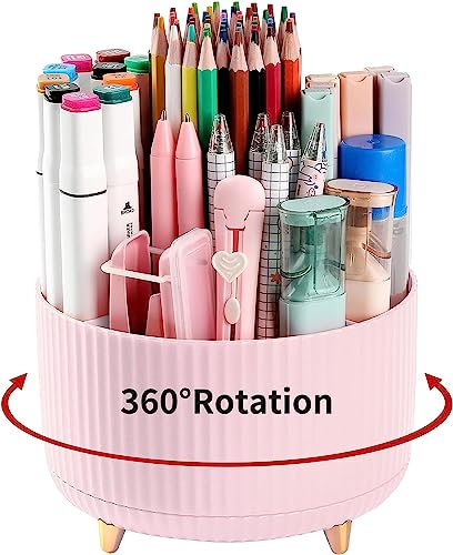 Pencil Pen Holder for Desk, 5 Slots 360°Degree Rotating Pencil Pen Organizers for Desk, Desktop Storage Stationery Supplies Organizer, Cute Pencil Cup Pot for Office, School, Home, Art Supply (Pink)
