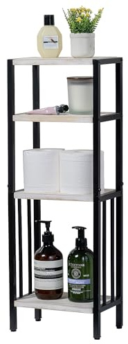 MyGift 4 Tier Shabby White Washed Solid Wood and Matte Black Metal Bathroom Floor Standing Shelf, Decorative Rectangular Bath Supplies Storage Shelving Stand