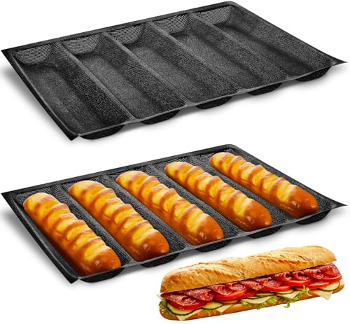 Maxcheck 2 Pcs Silicone Perforated Baking Forms Sandwich Mold French Baguette Bread Pan Mat 5 Loaf Non Stick Baking Liners for Home Kitchen