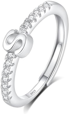 INFUSEU Anillo Inicial, 925 Plata De Ley Ajustable Letra S Anillos Apilables Alfabeto Mayúscula Joyería Personalizada Cumpleaños Regalo Dama Mujeres Niñas