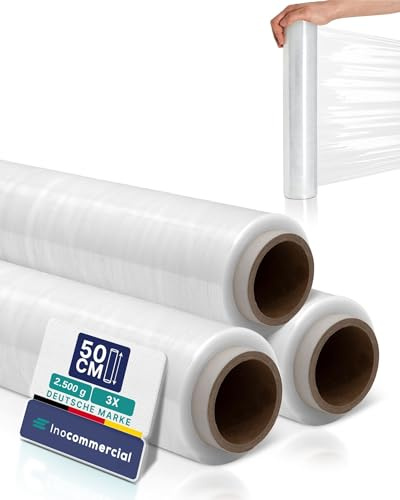 Inoverse Stretchfolie transparent skötfilm, film för möbler och flytt, pallfolie, handstretchfilm, förpackningsfolie på rulle, sträckfilmrulle, förpackningsmaterial, 50 cm/2,5 kg, 3 rullar