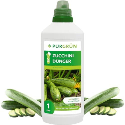 Purgrün® Bio-Zucchini-Dünger 1 Liter – Organische Rezeptur – Premium-Flüssigdünger – NPK 4+1+7 – Mit Algenextrakt & Vinasse – Extra Kalium für große Zucchini – Ohne tierische Inhaltsstoffe