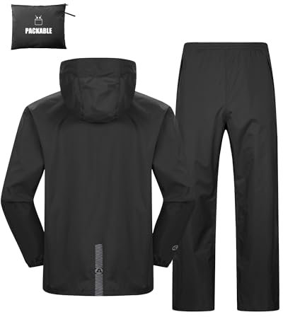 Herren & Damen Regenanzug Wasserdichte Packbare Regenjacke+Regenhose mit Reflektierender Outdoor Regenkleidung Winddichte Regenset Leichter Regenkombi für Radfahren Angeln Schwarz-ungefüttert L